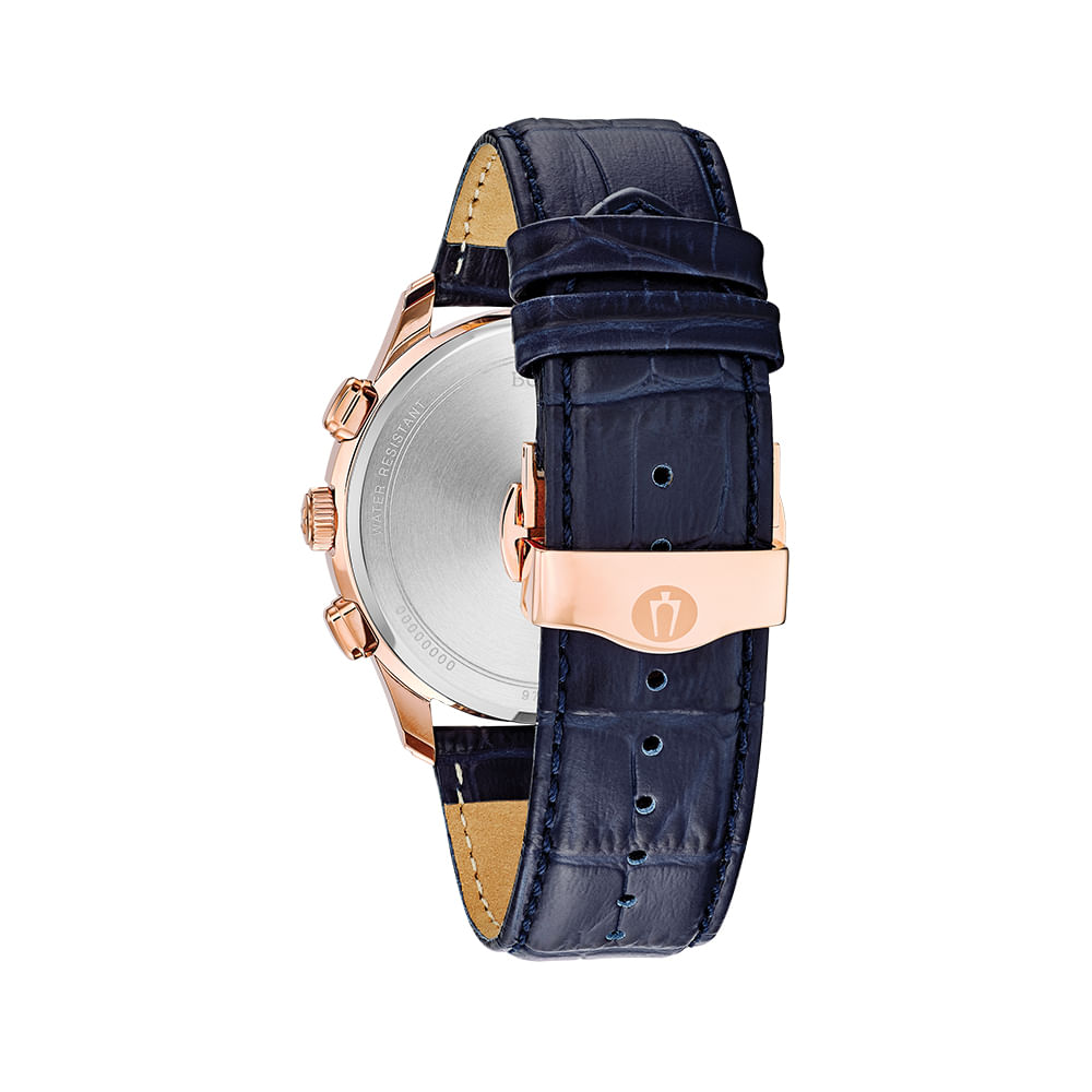 Bulova Orologio Uomo 97B170 - Collezione Classica, Cronografo A Sei Lancette, Cassa In Acciaio Tono Rosa, Cinturino In Pelle Blu